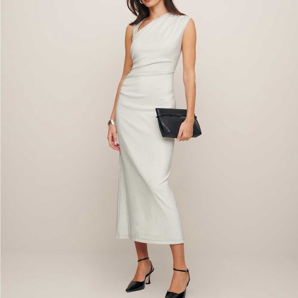 Reformation Amiah Knit Maxi Dress in Silver Sparkle NWOT